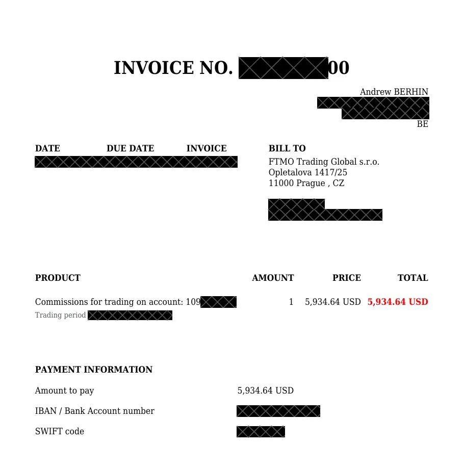 Facture de commissions FTMO — 5 934,64 $